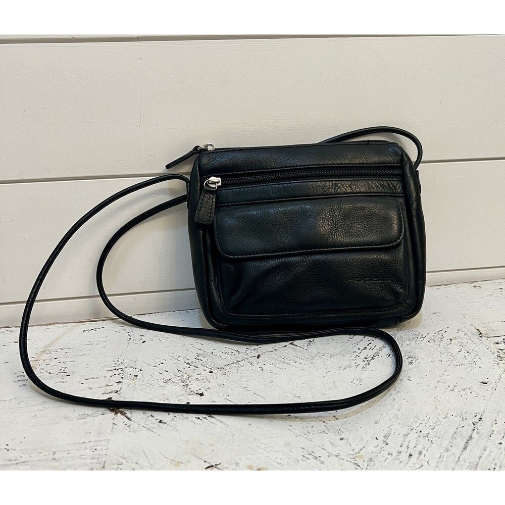 Fossil Black Mini Leather Crossbody Shoulder Bag Distressed Finish Minimalist